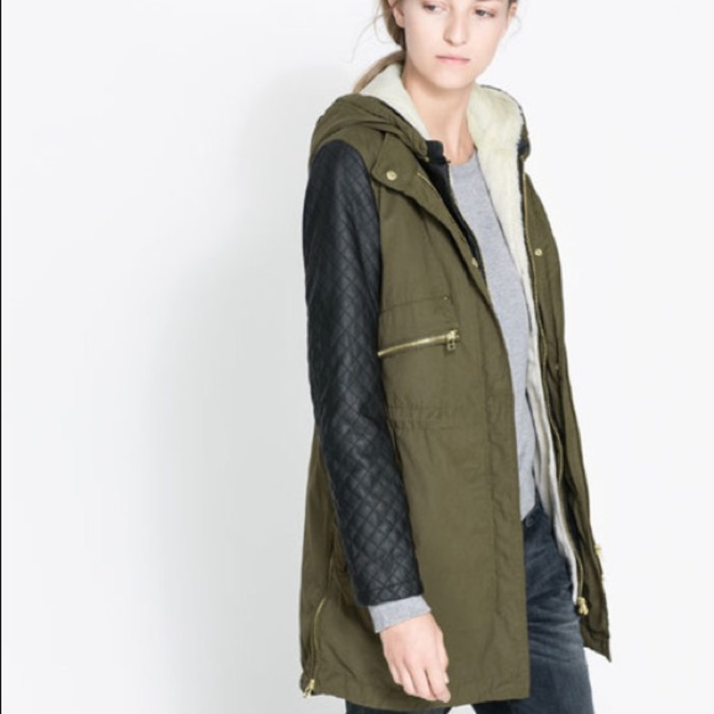 Zara Combination Parka w. Faux Leather Sleeves